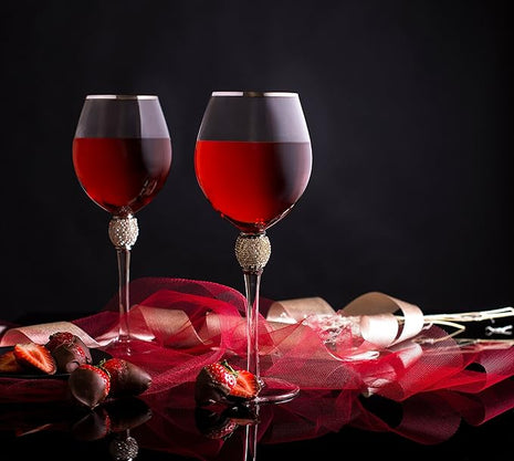 Trinkware Set of 2 Wine Glasses - Rhinestone "DIAMOND" Studded With Silver Rim - Long Stem, 16oz, 10-inches Tall - Elegant Glassware And Stemware