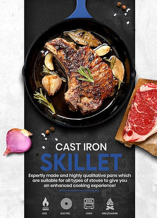Utopia Kitchen Cast iron Skillets 3 Piece Set, Chefs Pan, Pre Seasoned Cast iron Skillets, 6, 8 & 10 Inches, Easy Use in the Oven, Stove, Grill, or Campfire, Blue