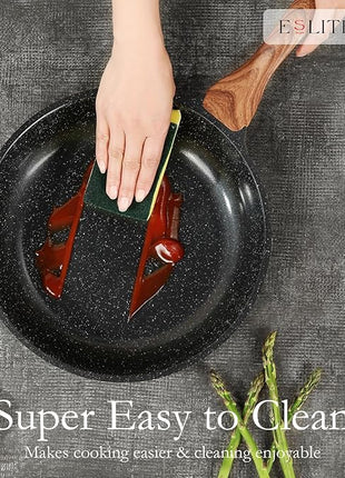 ESLITE LIFE Nonstick Cookware Sets, 12 Pcs Granite Coating Pots and Pans Set Kitchen Cooking Set, Compatible with All Stovetops (Gas, Electric & Induction), PFOA Free, Black