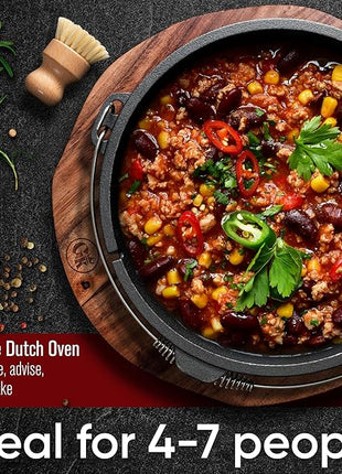 Pre-Seasoned Dutch Oven Set - 9 Quart Cast Iron Dutch Oven Pot with Lid, Fire Pot with Feet for Bread Baking & Cooking - Includes 2-in-1 Lid Lifter, Brush & Recipe Book [for 4-7 People]