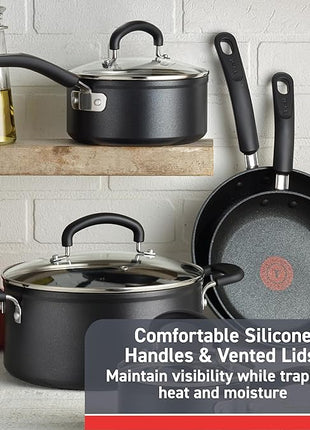 T-fal Advanced Nonstick Cookware Set 12 Piece, Oven Broiler Safe 350F, Kitchen Cooking Set W/Fry Pans, Saucepans, Deep Saute, Dutch Oven & Kitchen Utensils, Pots and Pans, Dishwasher Safe, Black