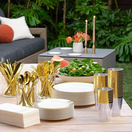 By Madee HEAVYWEIGHT Fancy Plastic Dinnerware Sets – White and Gold Disposable Plates, Premium Cutlery & Linen-Like Napkins | Elegant Disposable Dinnerware Set - 175 Pc for 25 Guests