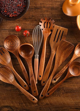 Wooden Kitchen Utensils Set with Holder, NAYAHOSE 11 Pcs Teak Wooden Cooking Spoons and Spatulas with Stainless Steel Storage Barrel