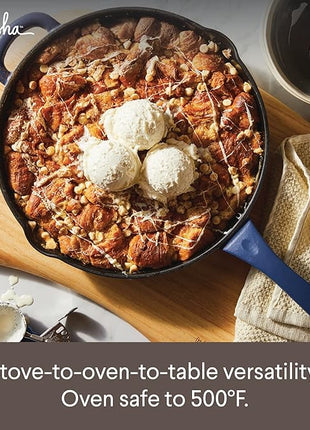 Ayesha Curry Kitchenware Enameled Cast Iron Skillet/Frying Pan with Helper Handle and Pour Spouts, 12 Inch - Anchor Blue