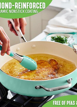 GreenLife Artisan Healthy Ceramic Nonstick, 5QT Saute Pan Jumbo Cooker with Helper Handle and Lid, Stainless Steel Handle, Induction, PFAS-Free, Dishwasher Safe, Oven Safe, Turquoise
