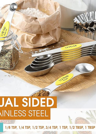 Spring Chef Magnetic Measuring Spoons Set, Dual Sided, Stainless Steel, Fits in Spice Jars, Yellow, Set of 8, 2 Pack