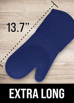 BPA-Free Soft Silicone Oven Mitts - Ultra Heat Resistant Oven Mitts with Thick Cotton Liner - Long Slip Resistant Pot Holders, Flexible Oven Gloves - Royal Blue 13.7"