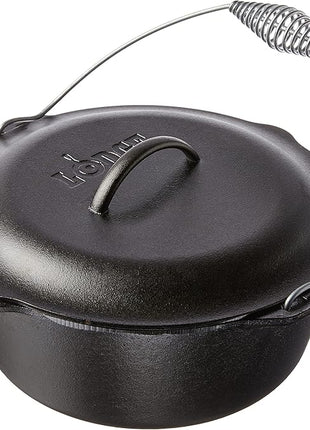 Lodge 7 Quart Pre-Seasoned Cast Iron Dutch Oven with Lid - Wire Bail Handle for Easy Transfer from Cooking Surface to Table - Use in the Oven, on the Stove, on the Grill or over the Campfire - Black