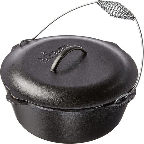 Lodge 7 Quart Pre-Seasoned Cast Iron Dutch Oven with Lid - Wire Bail Handle for Easy Transfer from Cooking Surface to Table - Use in the Oven, on the Stove, on the Grill or over the Campfire - Black