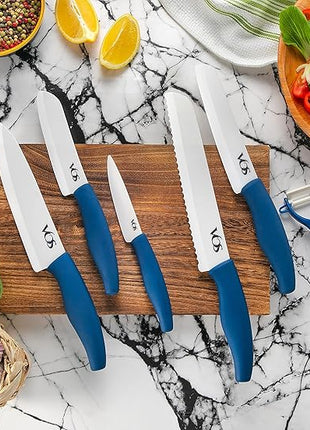 Vos Ceramic Knife with Peeler, Knives Set For Kitchen, Ultra Sharp Kitchen Knife Set with Covers, 4" 5" 6" 7" 8" Paring, Chef Knife, Santoku & 2 more, Lightweight, Dishwasher safe (Blue)