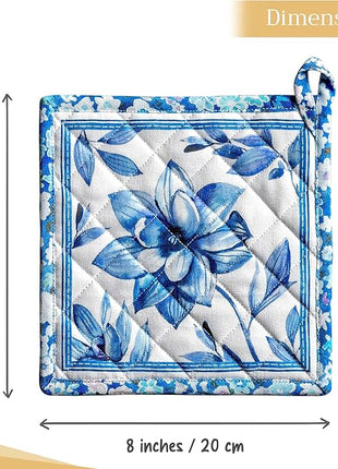Maison d' Hermine Pot Holders Set 100% Cotton Heat Resistant Potholders 8" x 8" Hot Pads with Loop BBQ, Cooking, Baking, Grilling, Kitchen, Handling Hot Pans Spring/Summer (Pack of 2, Summer Blues)