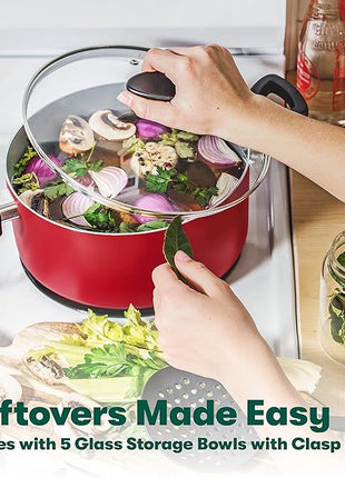 BELLA Cookware Set, 12 Piece Pots and Pans with Utensils, Nonstick PFOA Free Scratch Resistant Cooking Surface Compatible with All Stoves, Nylon and Aluminum, Red