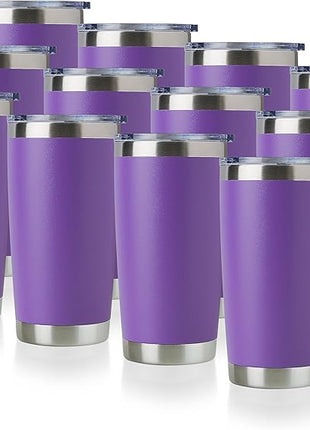 DOMICARE 20oz Stainless Steel Tumbler Bulk with Lid, Double Wall Vacuum Insulated Travel Mug, Powder Coated Coffee Cup (Powder Purple, 12)