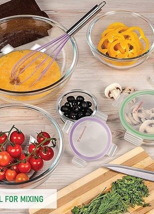 Set of 5 Stackable Space-Saving Nesting Glass Bowls with BPA Free Lids for Foodprep, Storage, Baking, Mixing & Cooking, Microwave Safe - Durable Inert Borosilicate Glass