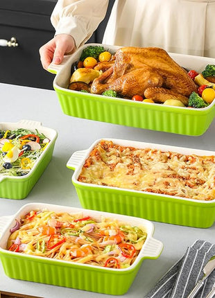 MALACASA Bakeware Set of 4, Porcelain Baking Pans Set for Oven, Casserole Dish, Ceramic Rectangular Baking Dish Lasagna Pans for Cooking Cake Kitchen, Green (9.4"/11.1"/12.2"/14.7"), Series BAKE.BAKE