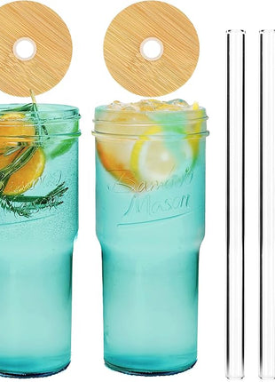 ANOTION Colored Glass Cups with Lids and Straws - 24oz Travel Coffee Mug Wide Mouth Mason Jar Iced Coffee Cup Smoothie Cup Glass Tumbler Tea Cup Clear Cute Water Cups Colorful Drinking Glasses