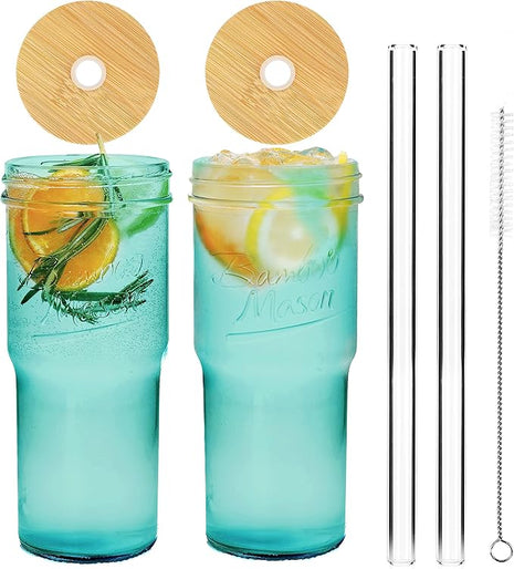 ANOTION Colored Glass Cups with Lids and Straws - 24oz Travel Coffee Mug Wide Mouth Mason Jar Iced Coffee Cup Smoothie Cup Glass Tumbler Tea Cup Clear Cute Water Cups Colorful Drinking Glasses