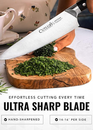 Cutluxe Chef Knife – 8" Kitchen Knife, German High Carbon Steel, Full Tang, Ergonomic Handle Design, Sheath Included – Artisan Series