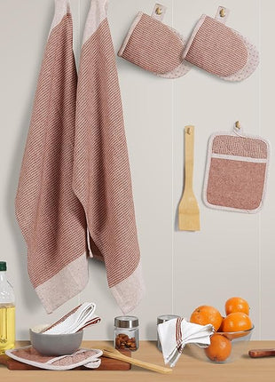 Casa Platino Potholders for Kitchens, 8-Piece – 500°F Heat Resistant Oven Mitts and Pot Holders, Mini Oven Mitts with Silicone Grip, 2 Kitchen Towels & 2 Dish Cloths – Durable & Non-Slip – Canyon Rose