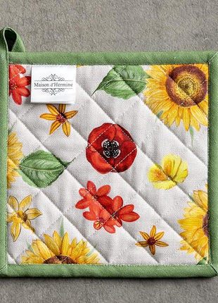 Maison d' Hermine Pot Holders Set 100% Cotton Heat Resistant Potholders 8" x 8" Hot Pads with Loop BBQ, Cooking, Baking, Grilling, Kitchen, Handling Hot Pans Spring/Summer (Pack of 2, Basse Cour)