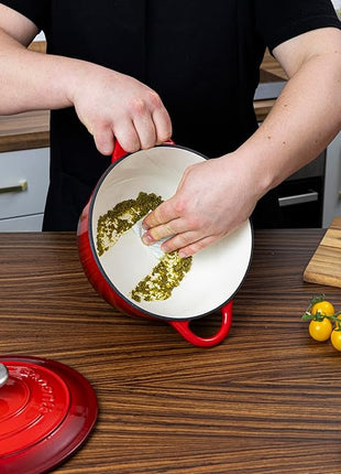 Cast Iron Pot with Lid – Non-Stick Ovenproof Enamelled Casserole Pot, Oven Safe up to 500° F – Sturdy Dutch Oven Cookware – Red, 5-Quart, 24cm – by Nuovva