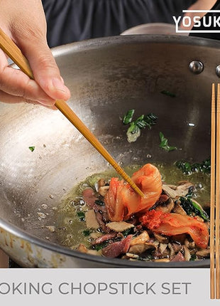 YOSUKATA Reusable Natural Wooden Long Cooking Chopsticks Set of 3 pairs: 11.8 inch, 13-inch, 14.2 inch Brown Long Wok Wooden Chopsticks Reusable