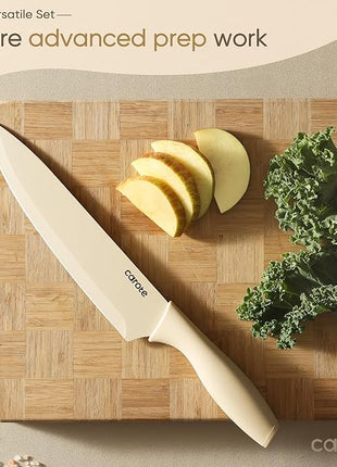 CAROTE 12 Pieces Kitchen Knife Set, Stainless Steel Knife Set With Nonstick Ceramic Coating, Dishwasher Safe with 6 Blade Guards, Rustproof, Brown