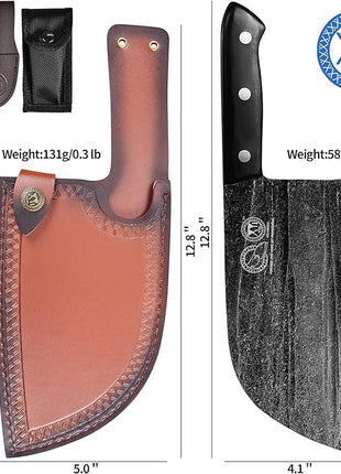 XYJ Authentic Since 1986,Outstanding Ancient Forging, 7.5 Inch Full Tang, Serbian Chefs knife,Chef Meat Cleaver,Kitchen Knives,Set with Leather Sheath,Take Carrying,Butcher