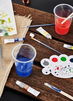 100 PACK Plastic Measuring Cups, 10 oz Disposable Mixing Cups with 100 Wooden Mixing Sticks, Can Be Used for Epoxy Resin, Liquid Measuring, Paint, Cooking and Baking