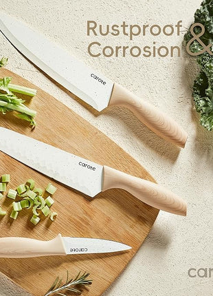 CAROTE 12PCS Knife set with Blade Guards,Granite Nonstick Ceramic Coating,Stainless Steel blade, Wood Grain Handle, Essential knife set,White