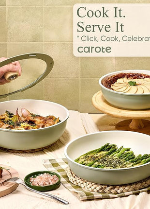 CAROTE Pots and Pans Set, Nonstick Cookware Set Detachable Handle, 19pcs Induction Kitchen Cookware Sets Non Stick with Removable Handle, RV Cookware Set, Oven Safe, Sage Green