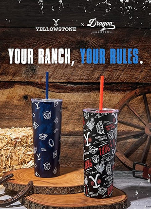 Dragon Glassware x Yellowstone Vacuum Insulated Tumbler with Lid and Straw - 24 oz Tumbler Cup with 2 Straws - Stainless Steel Tumbler with Straw for Water, Iced Tea - Blue