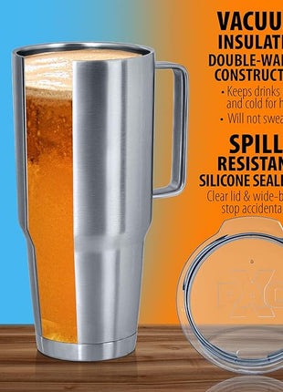 Maxam XPAC 64 Ounce Double Vacuum Wall Stainless Steel Vacuum Insulated Tumbler with Lid and Handle, Fits in a 4 Inch Wide Car Beverage Holder