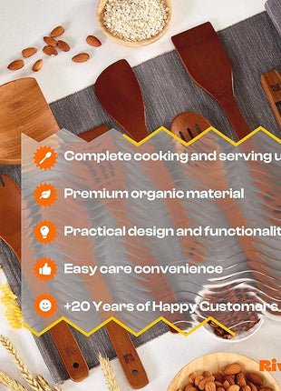 Riveira Premium Brown Bamboo Wooden Spoons for Cooking Set of 9 – Premium Brown Bamboo Wooden Cooking Utensils, Wooden Spatula, Wooden Spoon - Premium Quality Wooden Utensil Set for Non-Toxic Cooking