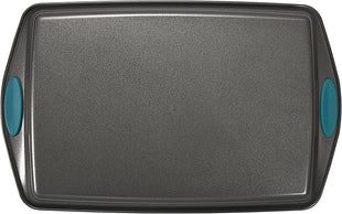 Rachael Ray Bakeware Nonstick Cookie Pan Set, 3-Piece, Gray with Marine Blue Grips