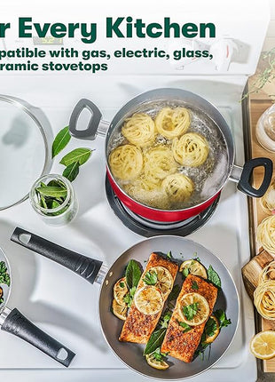 BELLA Cookware Set, 12 Piece Pots and Pans with Utensils, Nonstick PFOA Free Scratch Resistant Cooking Surface Compatible with All Stoves, Nylon and Aluminum, Red