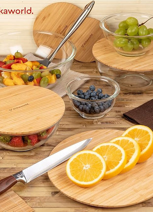 Stackable Space-Saving Set of 5 Nesting Glass Bowls with Bamboo Lids for Foodprep, Storage, Baking, Mixing & Cooking, Microwave & Oven Safe BPA Free Heat Resistant Inert Borosilicate Glass