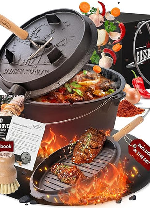 Pre-Seasoned Dutch Oven Set - 5 Quart Cast Iron Dutch Oven Pot with Lid, Fire Pot without Feet for Bread Baking & Cooking - Includes 2-in-1 Lid Lifter, Brush & Recipe Book [for 1-3 People]