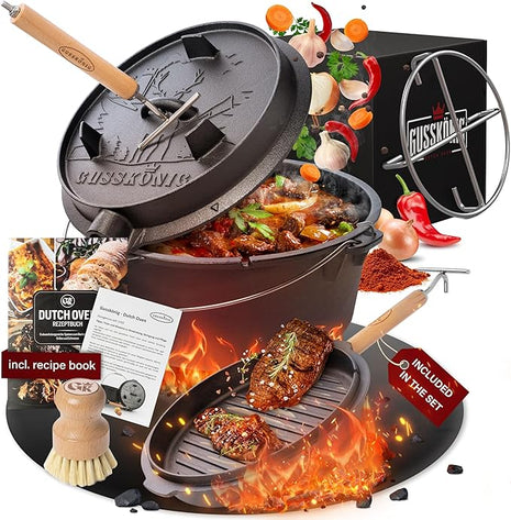 Pre-Seasoned Dutch Oven Set - 5 Quart Cast Iron Dutch Oven Pot with Lid, Fire Pot without Feet for Bread Baking & Cooking - Includes 2-in-1 Lid Lifter, Brush & Recipe Book [for 1-3 People]