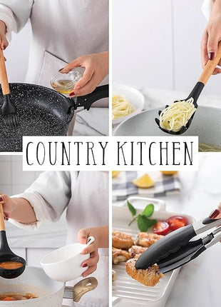Country Kitchen Non Stick Silicone Utensil Set with Rounded Wood Handles for Cooking and Baking, 38 Piece Set, Black
