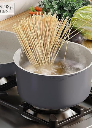 Country Kitchen Cookware Set with Removable Handle, Oven & RV Safe Pots and Pans Set, Grey/Ivory Wood Handle, Original