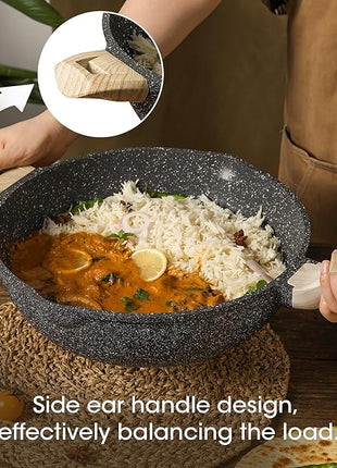 CAROTE 12.5 Inch Nonstick Deep Frying Pan with Lid, 6.5 Qt Jumbo Cooker Saute Pan with Pour Spout, Skillet Induction Cookware, Non Stick Cooking Pan PFOA Free, Classic Granite