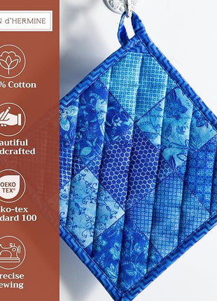 Maison d' Hermine Pot Holders 100% Cotton Heat Resistant Potholders 8" x 8" Hot Pads with Loop BBQ, Cooking, Baking, Grilling, Kitchen, Handling Hot Pans Spring/Summer (Pack of 1, Indigo Love)