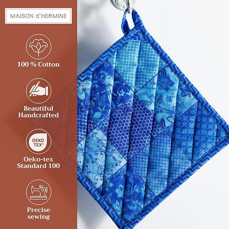 Maison d' Hermine Pot Holders Set 100% Cotton Heat Resistant Potholders 8" x 8" Hot Pads with Loop BBQ, Cooking, Baking, Grilling, Kitchen, Handling Hot Pans Spring/Summer (Pack of 2, Indigo Love)