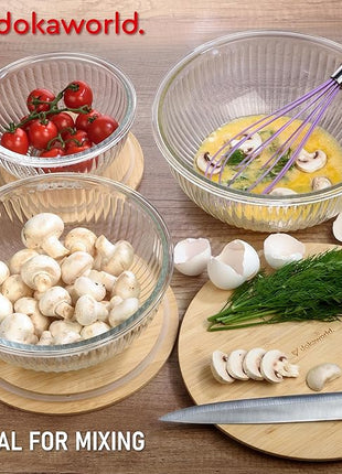 Stackable Space-Saving Nesting Set of 3 Glass Bowls with Bamboo Lids for Foodprep, Storage, Mixing & Cooking - Microwave & Oven Safe BPA Free Durable Heat Resistant Inert Borosilicate Glass