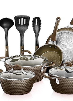NutriChef 11-Piece Nonstick Kitchen Cookware Set - PTFE/PFOA/PFOS-Free Heat Resistant Kitchen Ware Pots Pan Set Coffee Ceramic Coating - Saucepot, Pans, Cooking Pot Oven Pot, Lid, Utensil NCCW11COF
