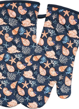 Oven Mitts Cotton Fashion Cute Cowry Design 1pair Heat Resistant Oven Gloves Safe Cooking Baking Grilling Barbecue Machine Washable Pot Holders (Cowry)