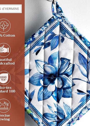 Maison d' Hermine Pot Holders Set 100% Cotton Heat Resistant Potholders 8" x 8" Hot Pads with Loop BBQ, Cooking, Baking, Grilling, Kitchen, Handling Hot Pans Spring/Summer (Pack of 2, Summer Blues)