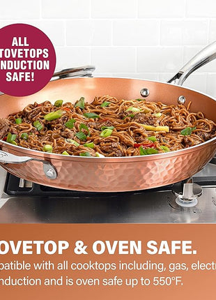 Gotham Steel Hammered Copper 14 Inch Non Stick Frying Pan with Lid, Nonstick Frying Pan with Ceramic Coating and Induction Plate for Even Heating, Oven / Dishwasher Safe, 100% Healthy & Non Toxic