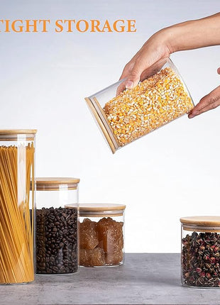 YUNCANG Glass Storage Jars [Set of 5],Clear Glass Food Storage Containers with Airtight Bamboo Lid Stackable Kitchen Canisters for Candy,Cookie,Rice,Sugar,Flour,Pasta,Nuts and Spice Jars